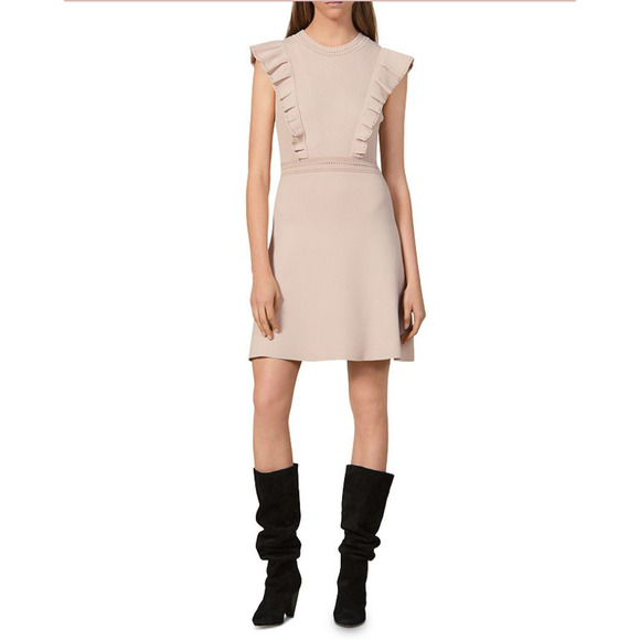 SANDRO Women's Beige Ruffle-Trimmed Tilla Ribbed Knit Mini Dress Sz 36 - Picture 1 of 8